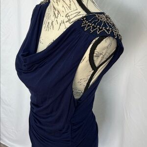 Sleek sexy cowl mini tank dress with metallic beading navy blue large